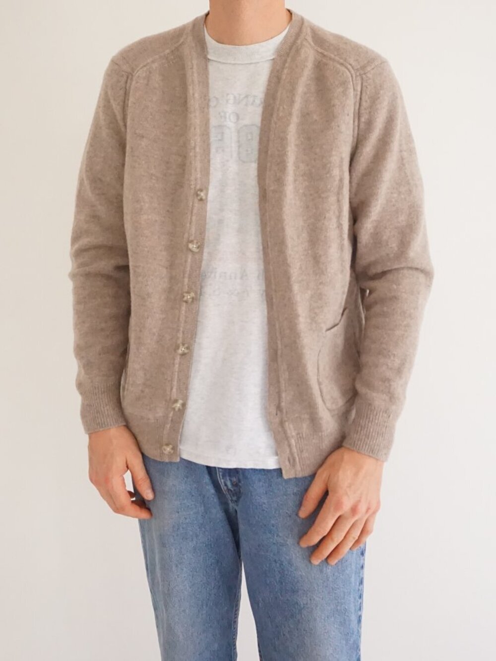 Black Brown Brand Oatmeal Lambs Wool Button Front Preppy Cardigan Sweater XL